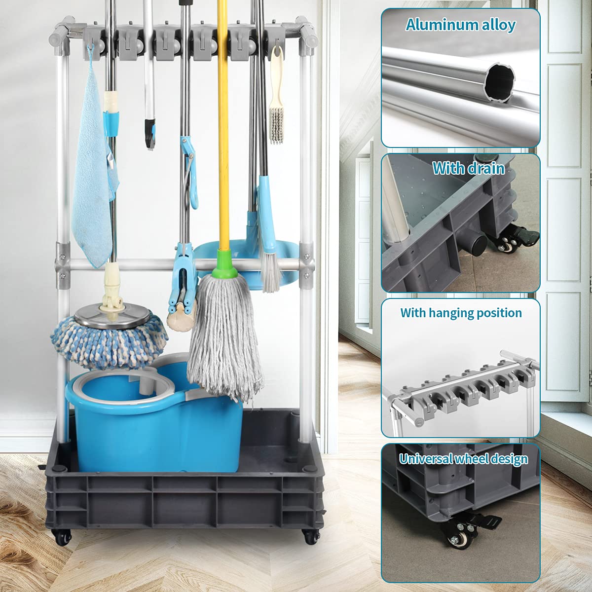 broom and mop holder put wet mops movable Commercial mop rack cleaning tool cart storage for garden garage organizer mop drain rack