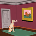 Illustration of a dog holding a slipper, staring at a framed painting of another dog in a room.