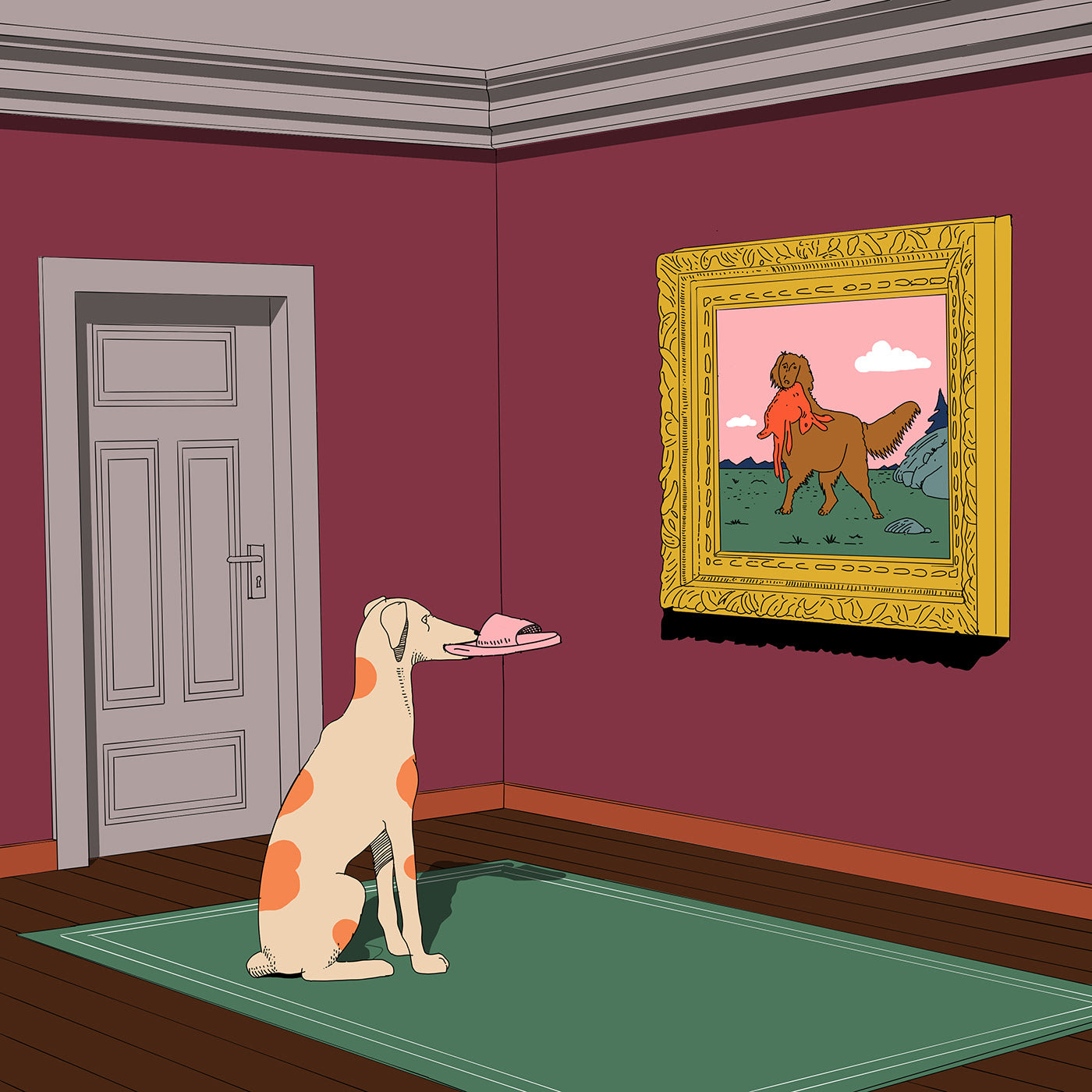 Illustration of a dog holding a slipper, staring at a framed painting of another dog in a room.