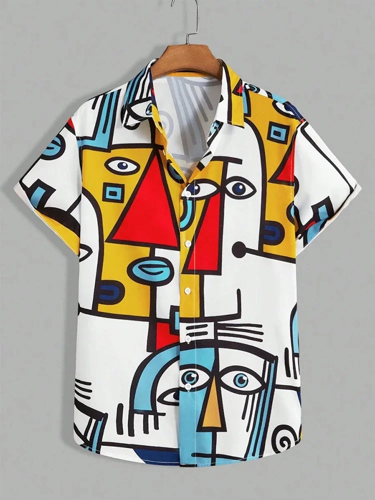 Short sleeve shirt with colorful abstract geometric face pattern in red, yellow, blue, and black