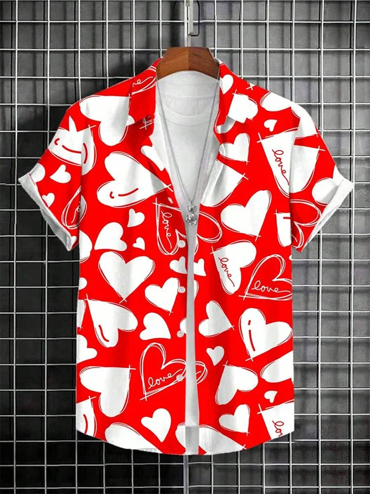 Red short sleeve shirt with white heart and love print, displayed on hanger