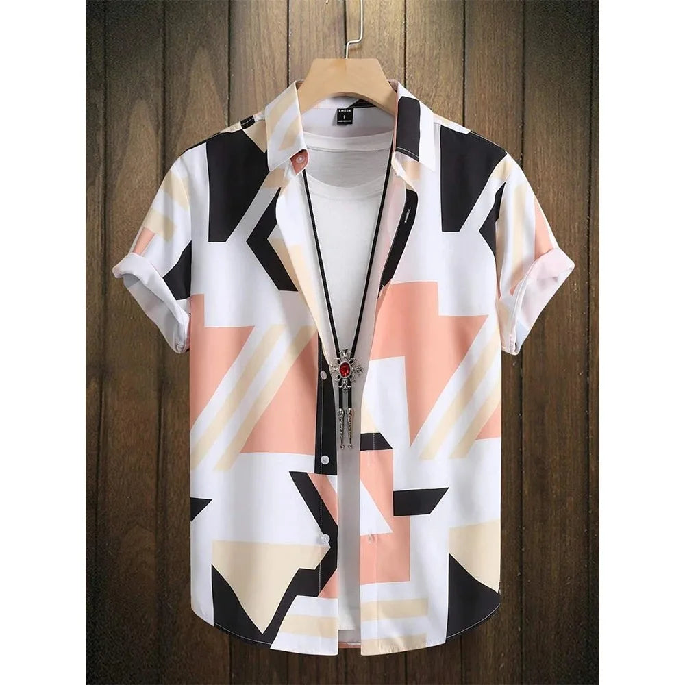 Short sleeve geometric print button-up shirt with white base, black, beige, and peach patterns, displayed on wooden background.