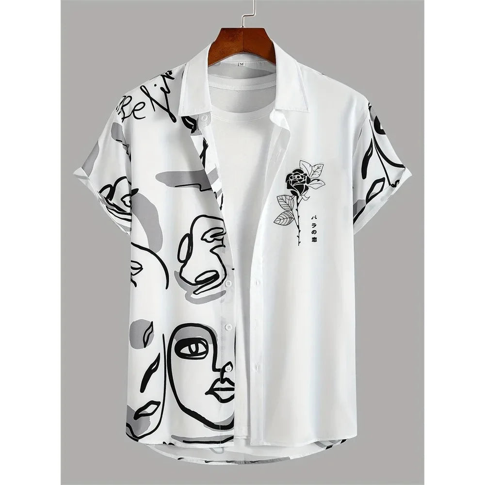 White short sleeve button-up shirt with abstract black face and rose graphic design