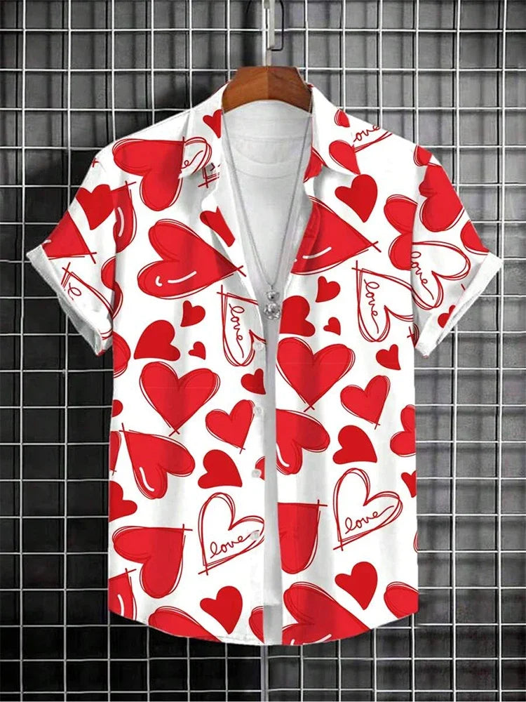 Short sleeve white shirt with red heart and 'love' print, displayed on a hanger