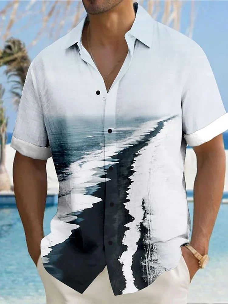 Mens short sleeve button-up shirt with abstract black and white beach print, summer casual style