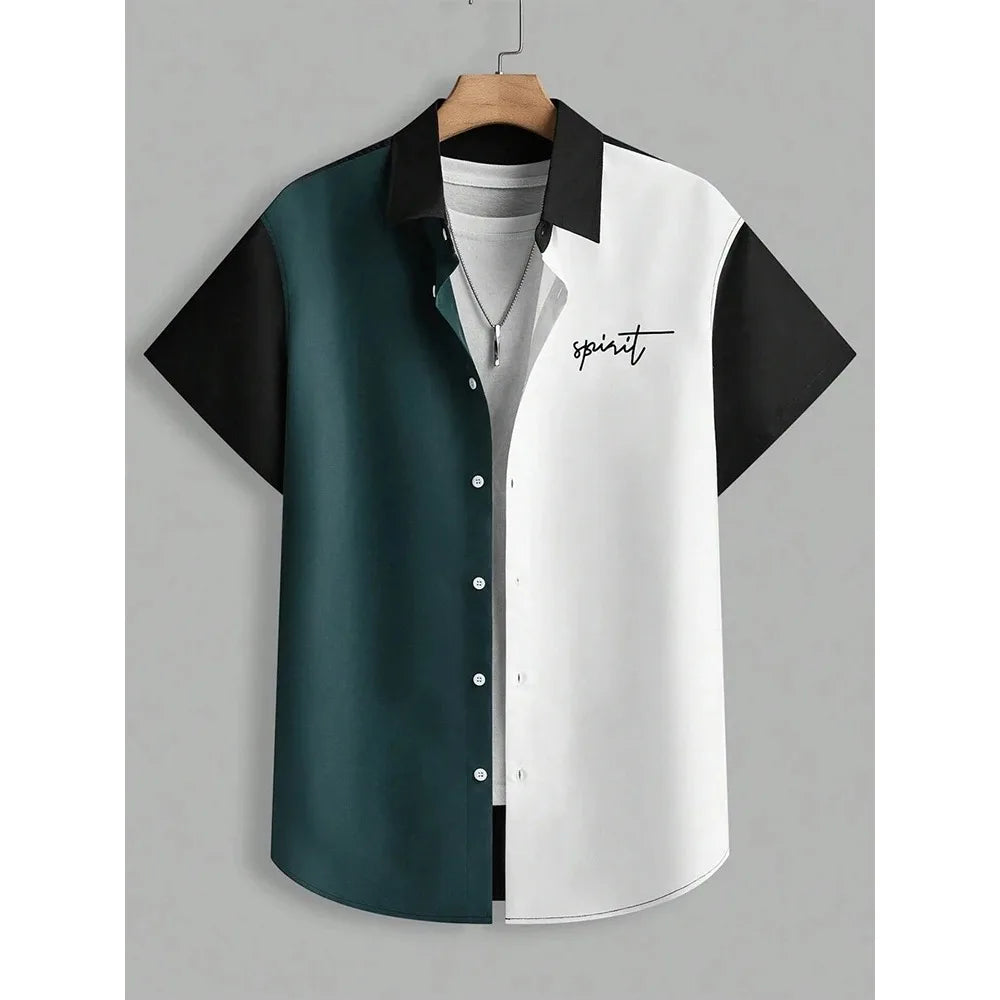 Men's short sleeve color block button-up shirt with Spirit text, black and white design