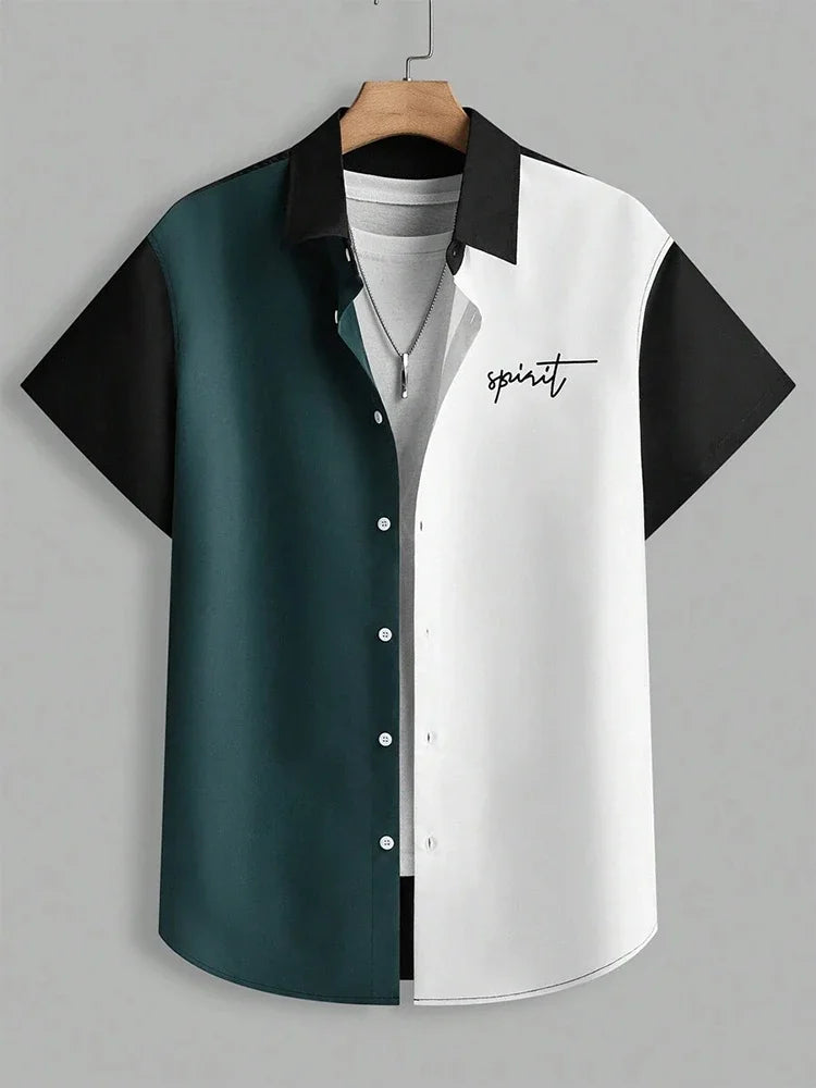 Two-tone short sleeve button-up shirt, black and green with white, 'spirit' text on chest