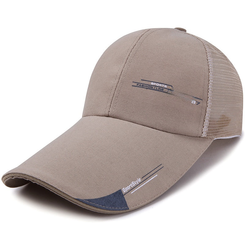 Beige mesh baseball cap with sports style text and curved visor, breathable design