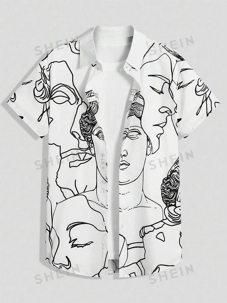 White short-sleeve button-up shirt with black abstract face print, modern art design
