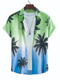 Gradient green and blue Hawaiian shirt with palm tree print, layered over white tee