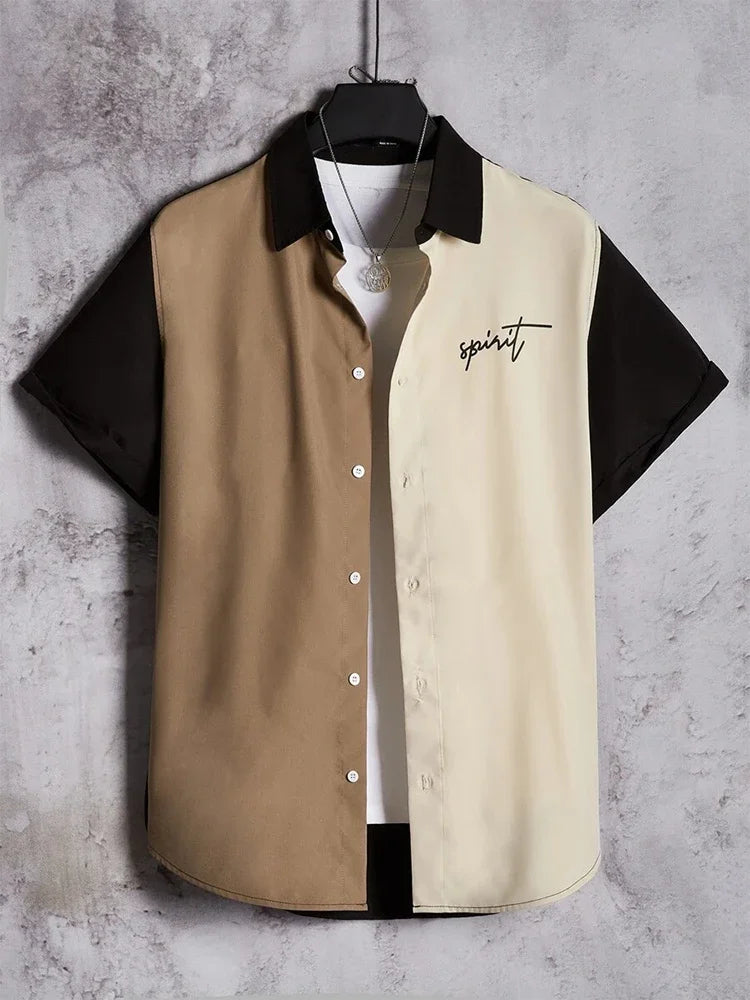 Men's short sleeve colorblock button-down shirt with 'spirit' text and layered necklace