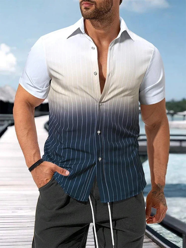 Men's short sleeve gradient striped button-up shirt, casual summer fashion by the water.
