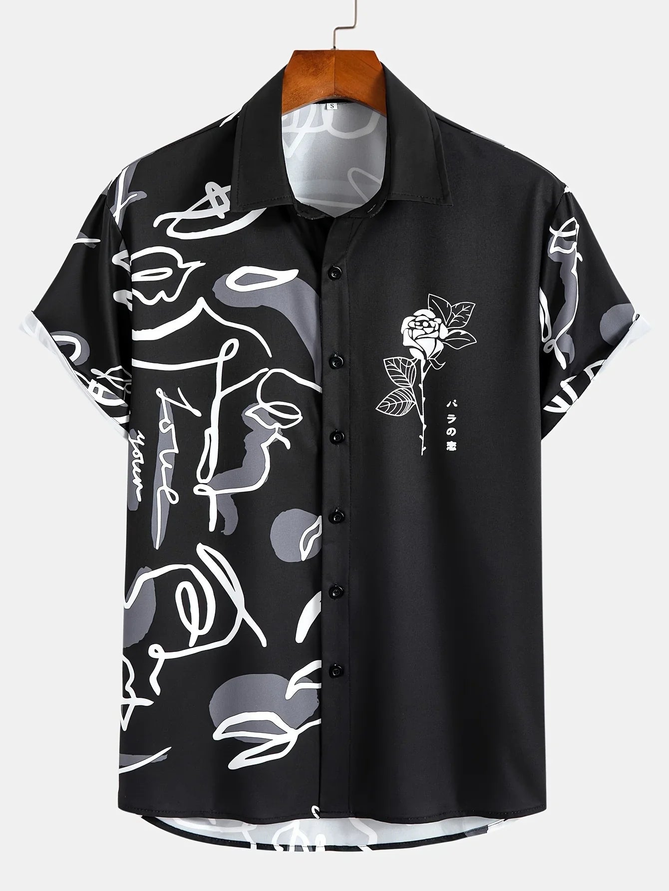 Black short-sleeve button-up shirt with abstract white line art and a rose graphic
