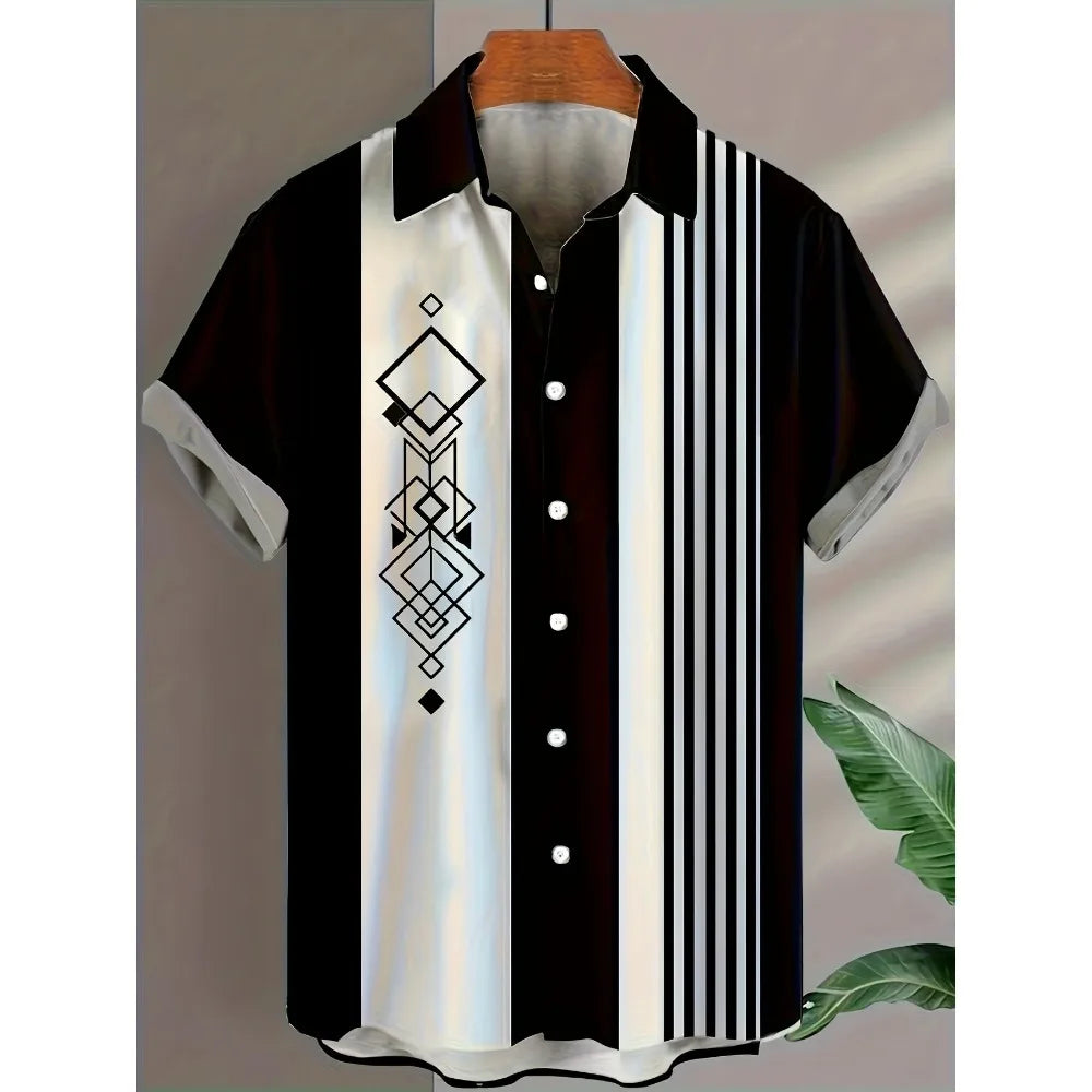 Short sleeve button-up shirt with black and white geometric stripes and diamond pattern