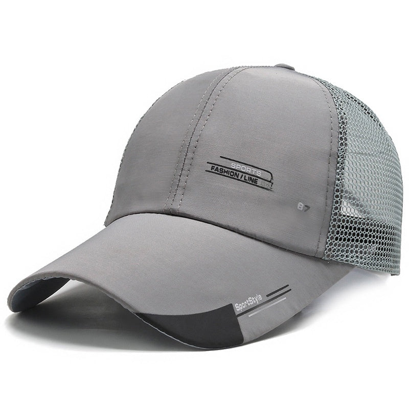 Gray sports mesh trucker cap with curved brim and Fashion Line logo, athletic hat style