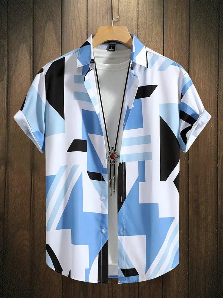 Men’s short sleeve button-up shirt with blue, black, and white geometric print on hanger