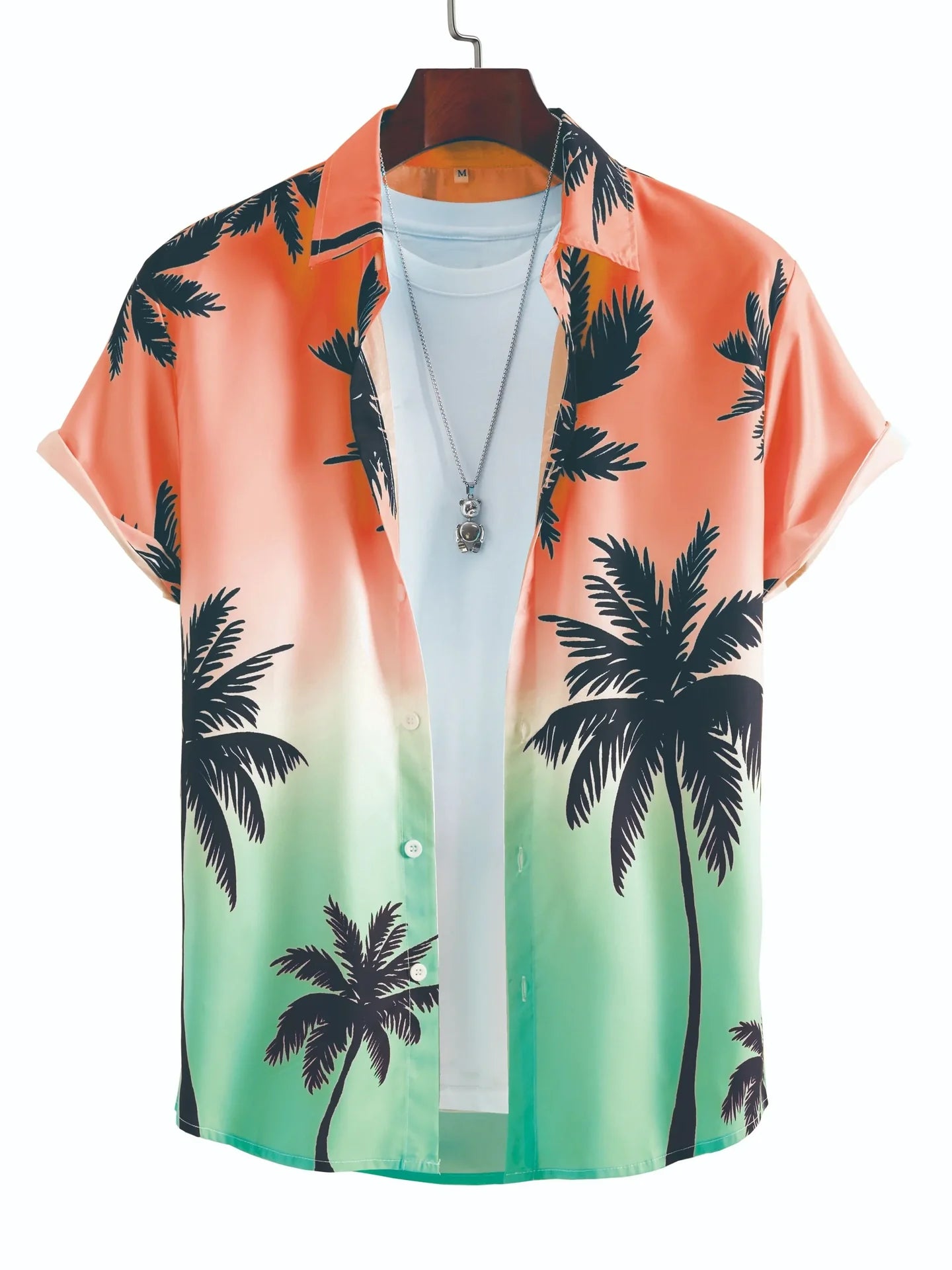Men's short sleeve Hawaiian shirt with palm tree print in orange and green gradient