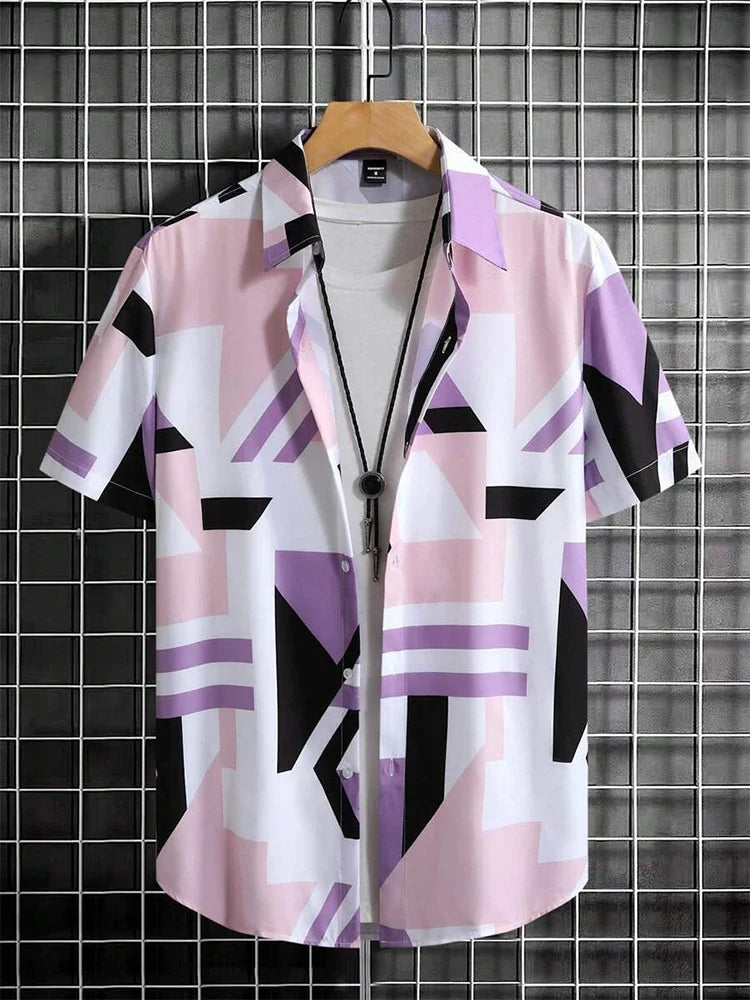 Short sleeve button-up shirt with pastel geometric pattern in pink, black, and purple