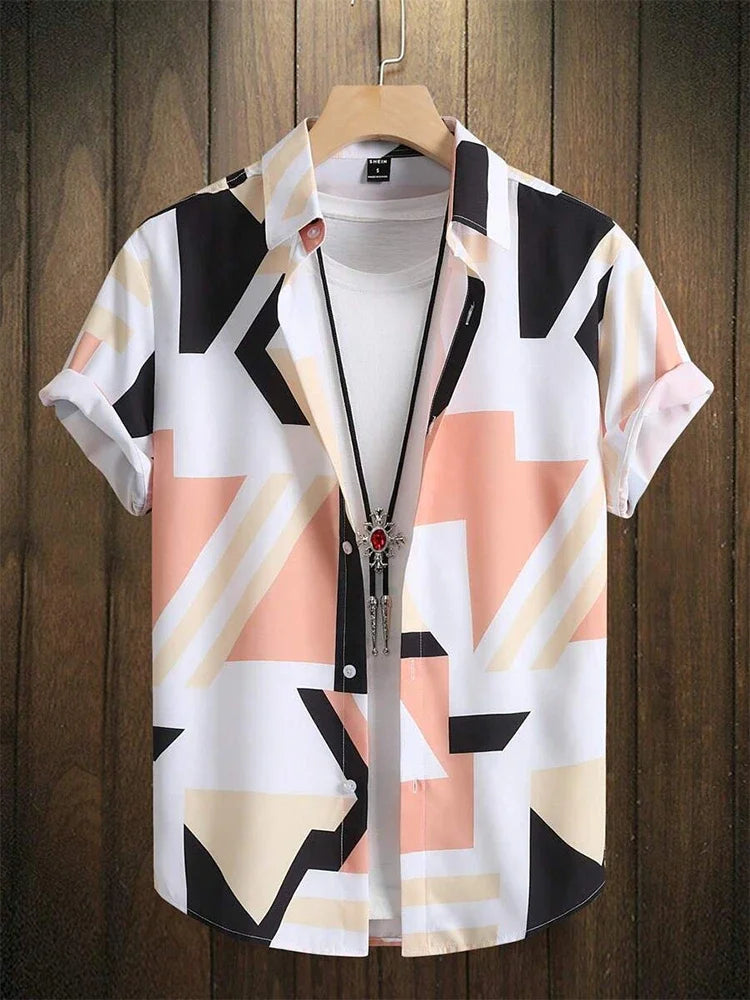 Men's short sleeve geometric button up shirt with white tee and pendant necklace