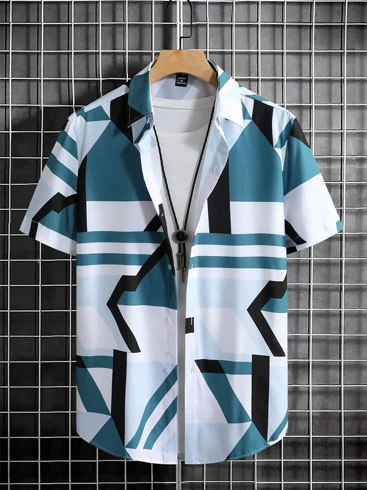 Men's short sleeve button-up shirt with geometric teal, black, and white print on hanger