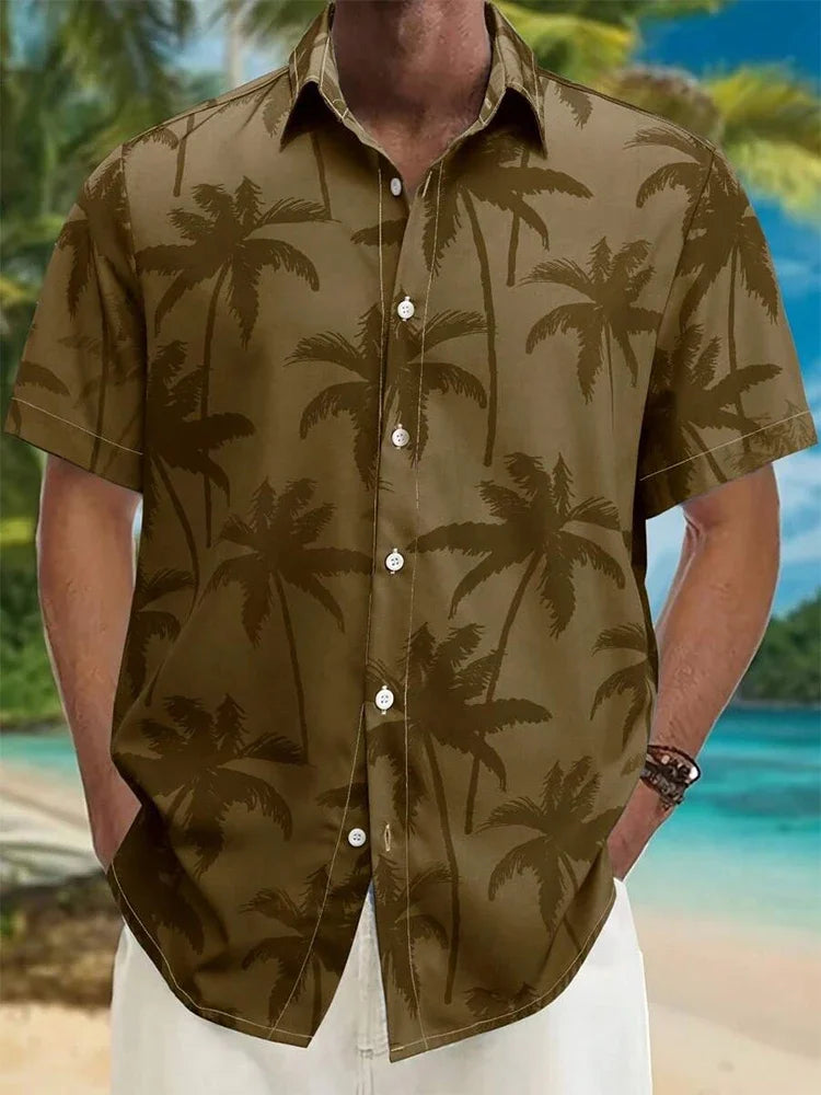 Men’s brown tropical palm tree short sleeve button-up shirt, beach background