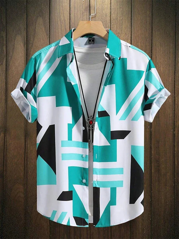 Men's short sleeve button-up shirt with teal, black, and white geometric print