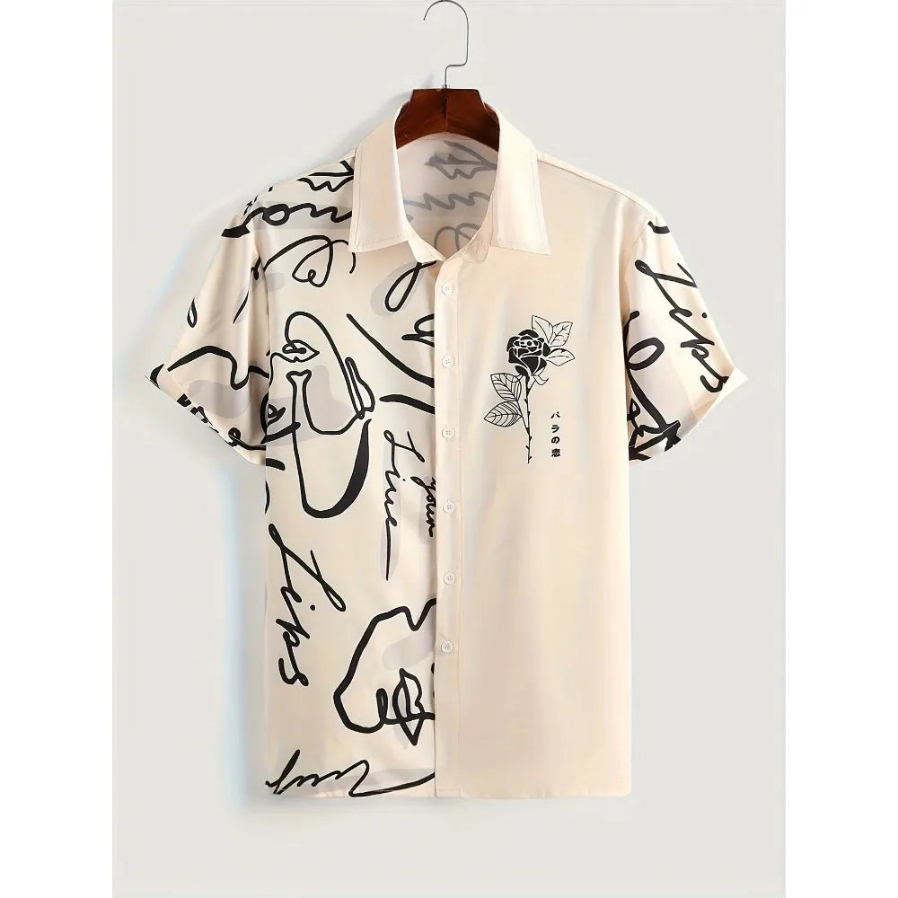 Beige short sleeve shirt with black abstract face line art, rose graphic, and script print