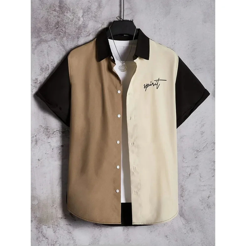 Colorblock short sleeve button-up shirt with 'spirit' text, hanging on hanger