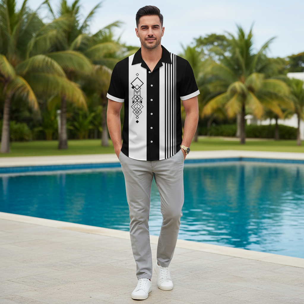Man wearing black and white short sleeve patterned shirt, gray pants by poolside