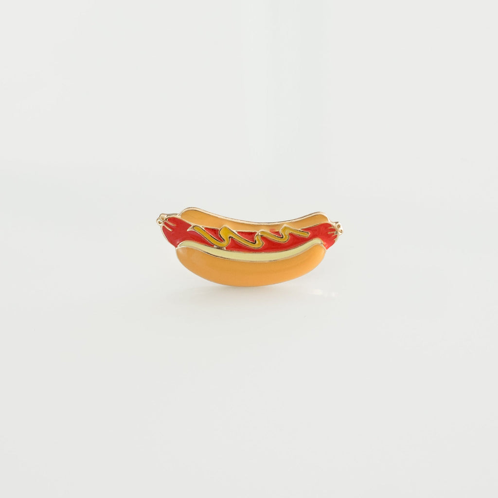 Hot dog hard enamel lapel pin with mustard and ketchup on white background