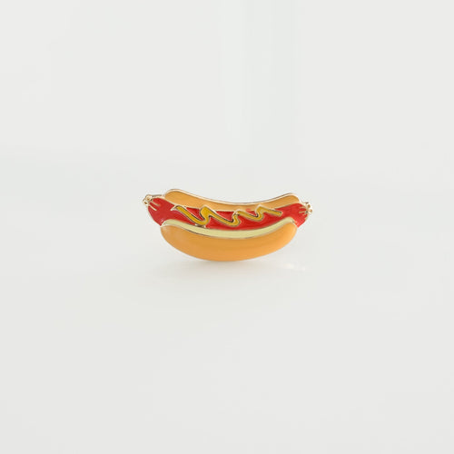 Hot dog hard enamel lapel pin with mustard and ketchup on white background