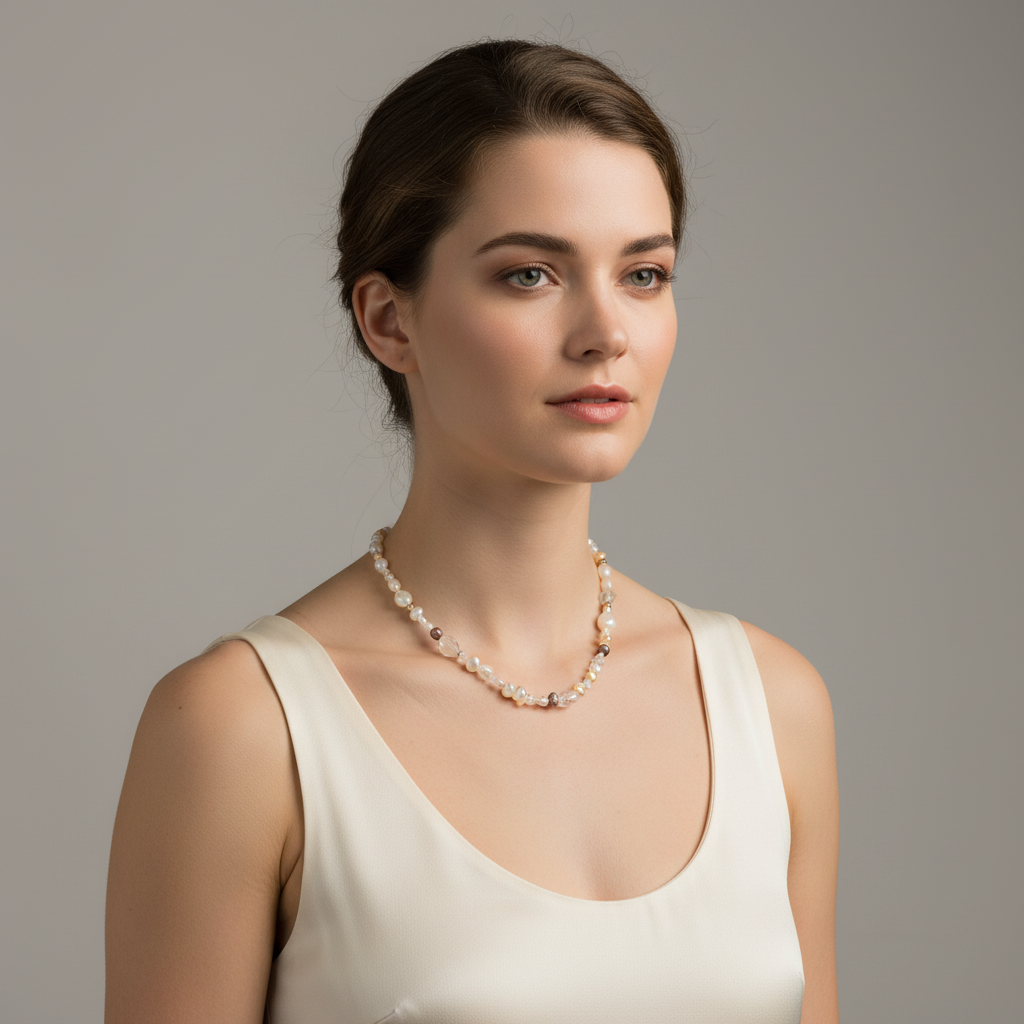 Woman wearing an elegant pearl necklace and cream sleeveless dress, neutral background